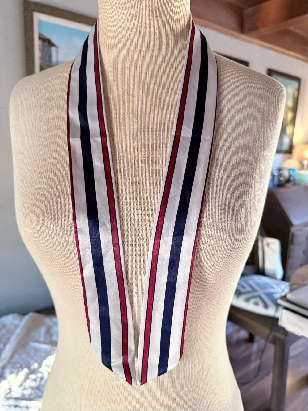 Striped Silk Neck Scarf in White, Navy & Red